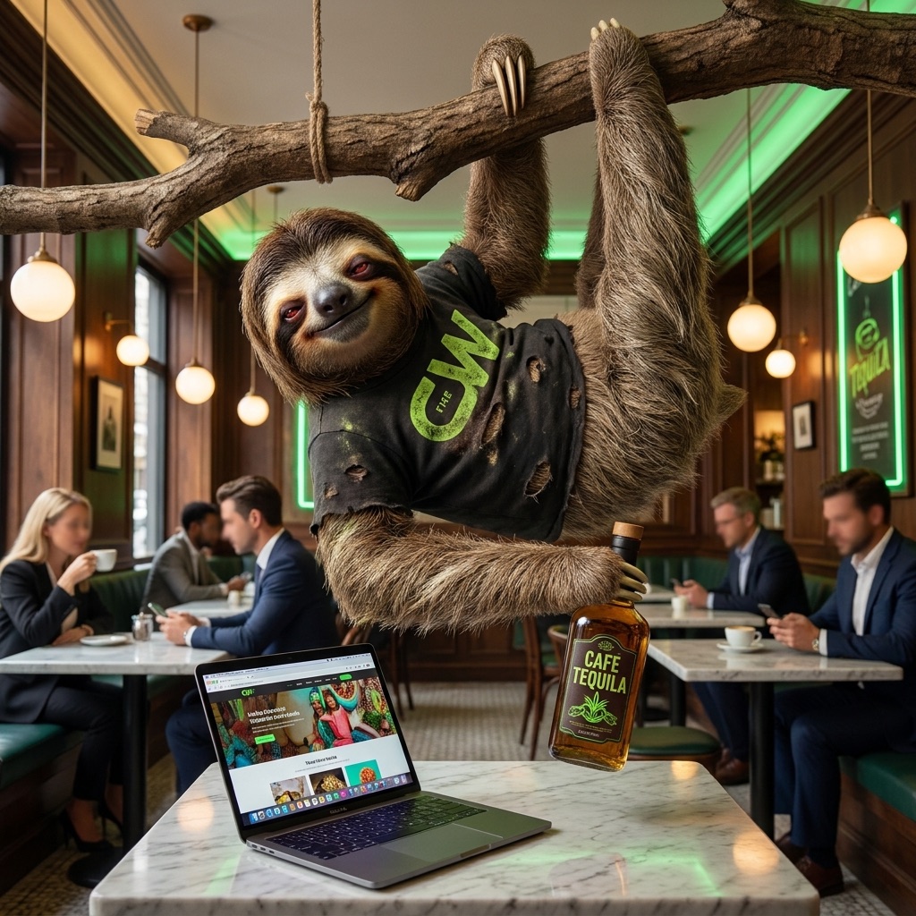 Drunken Sloth mascot holding a tequila bottle next to a laptop showing a custom website, Cheap Websites $149 web design service